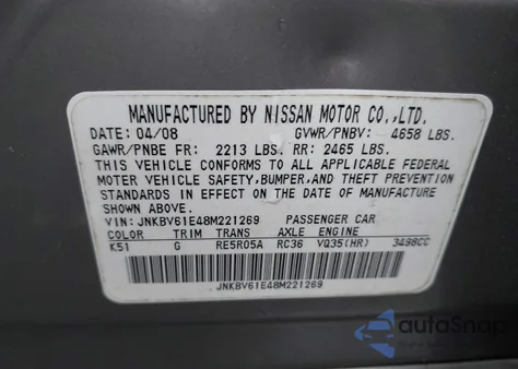 2008 Infiniti G35 Journey from USA, damaged, VIN JNKBV61E48M221269